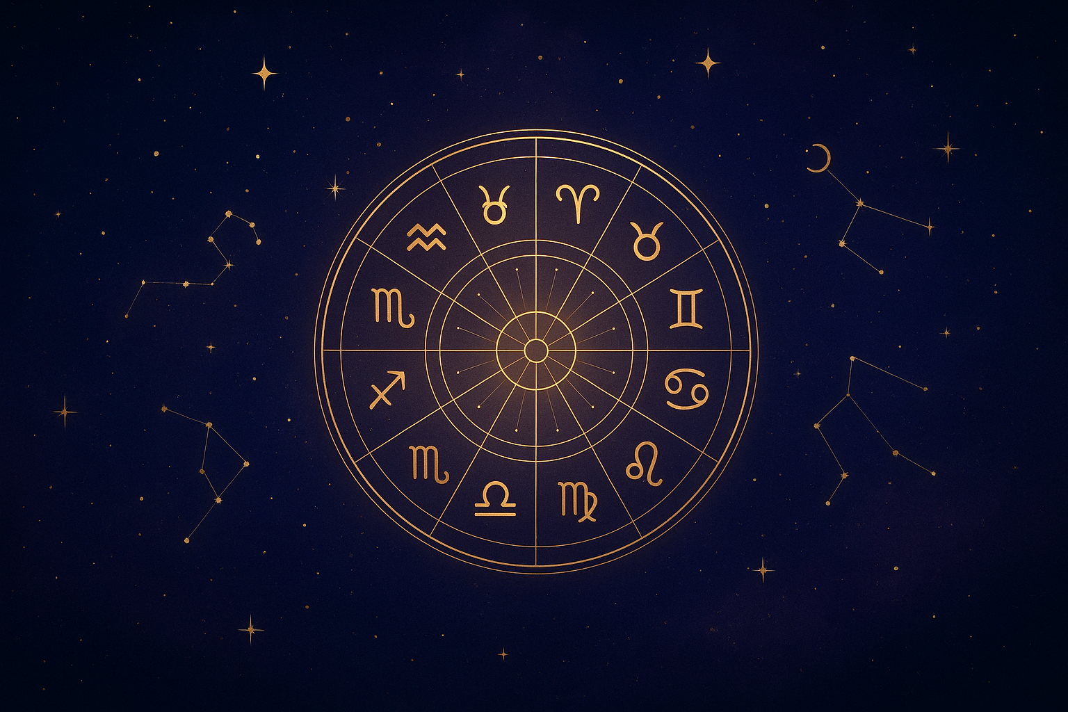 Celestial astrology chart wheel with stars and constellations